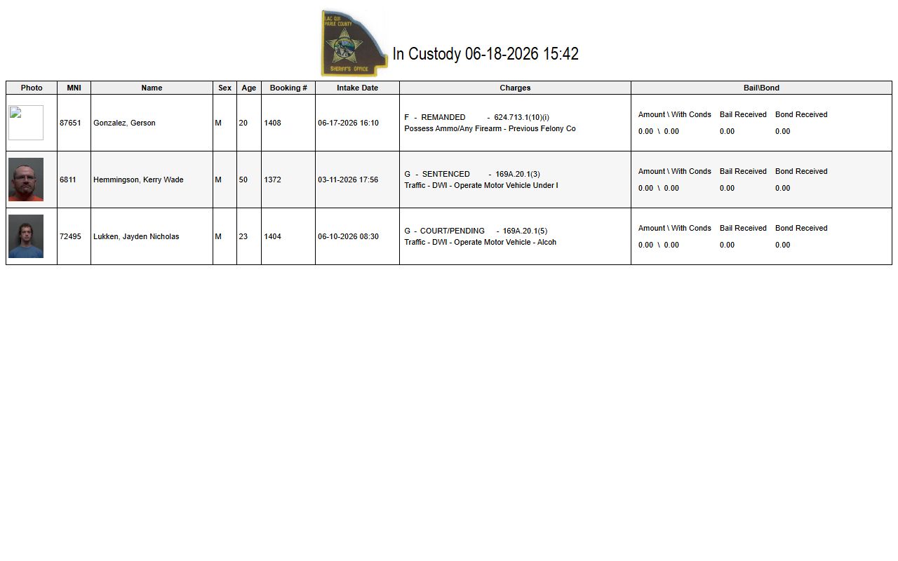 Lac qui Parle County Jail inmate roster with photo and booking fields
